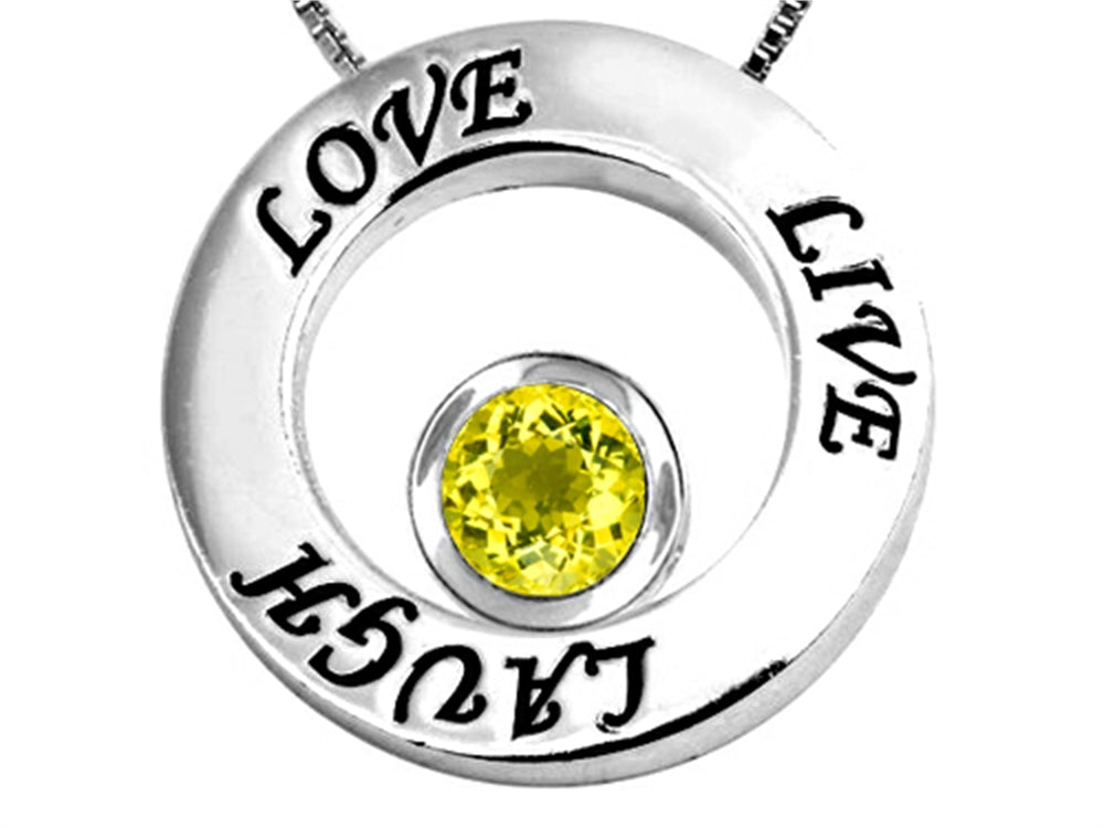 Star K™ Live/Love/Laugh Circle of Life Pendant Necklace with Round 7mm Simulated Yellow Sapphire