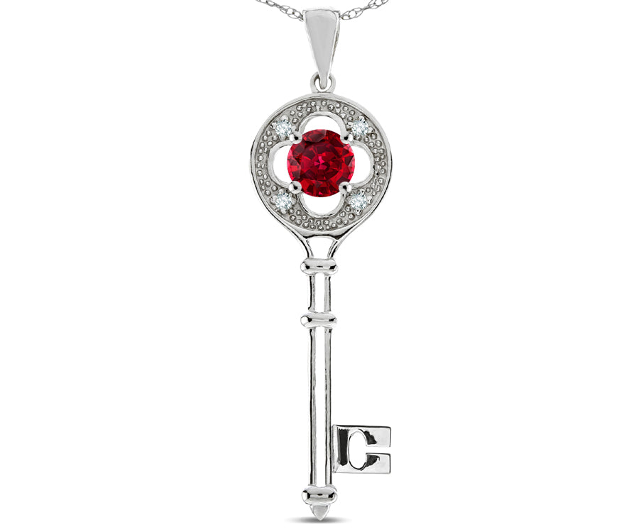 Star K ™ Key to my Heart Clover Key Pendant Necklace with Round Created Ruby