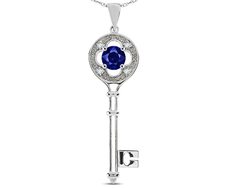 Star K ™ Key to my Heart Clover Key Pendant Necklace with Round Created Sapphire