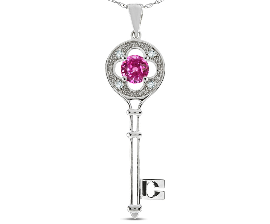 Star K™ Key to my Heart Clover Key Pendant Necklace with Round Created Pink Sapphire