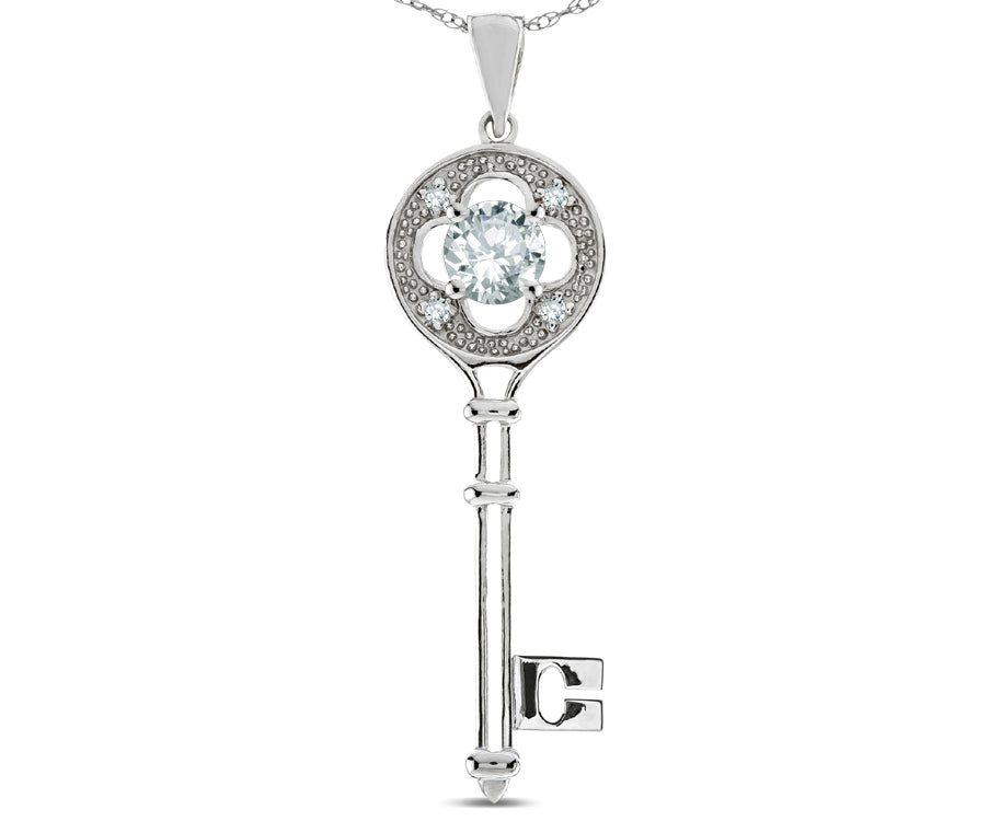 Star K ™ Key to my Heart Clover Key Pendant Necklace with Round Genuine White Topaz
