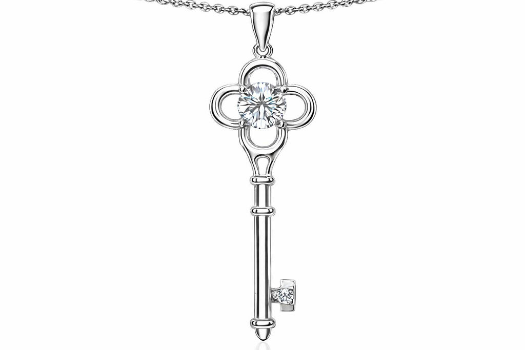 Star K Key to my Heart Clover Key Pendant Necklace with Round Genuine White Topaz