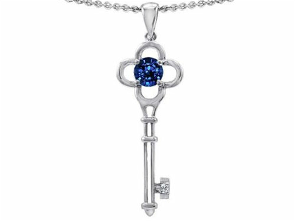 Tommaso Design™ Key to my Heart Clover Key Pendant Necklace with Round Created Blue Sapphire