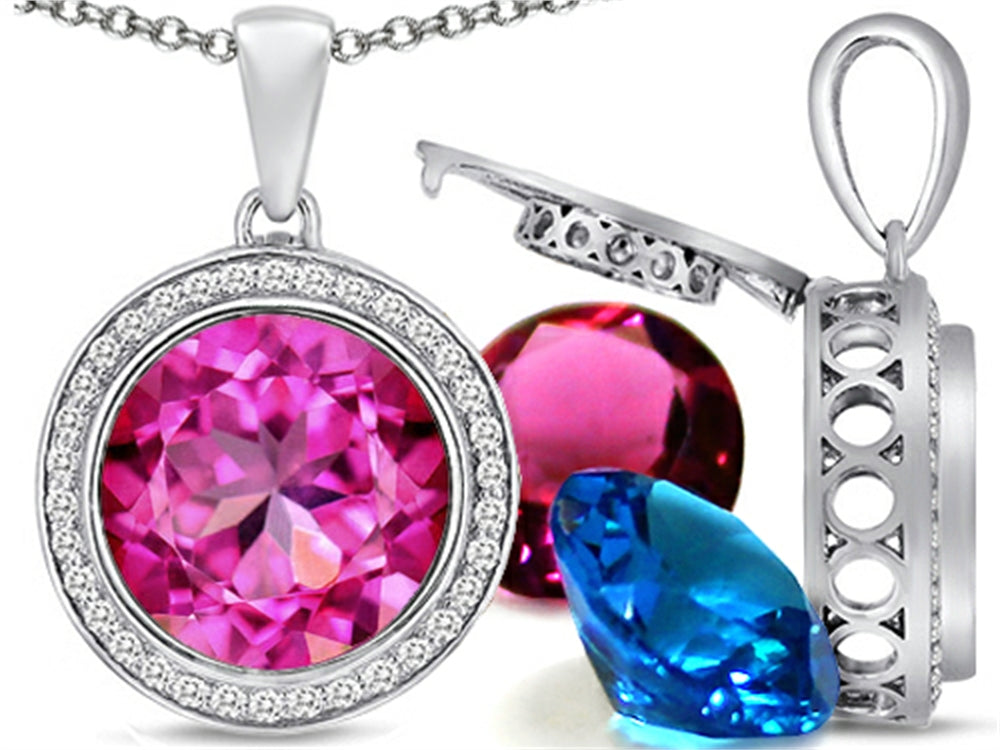 Switch-It Gems™ Interchangeable Simulated Pink Tourmaline Halo Pendant Necklace Set Round 12mm Simulated Birth Months