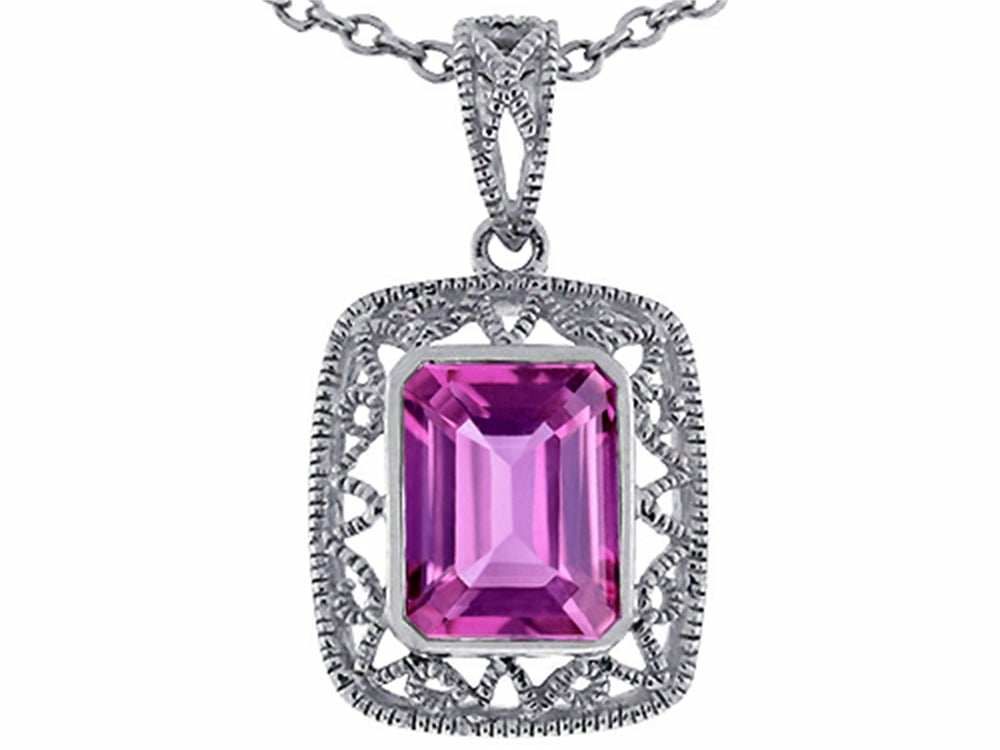 Star K™ Emerald Cut Simulated Pink Tourmaline Pendant Necklace