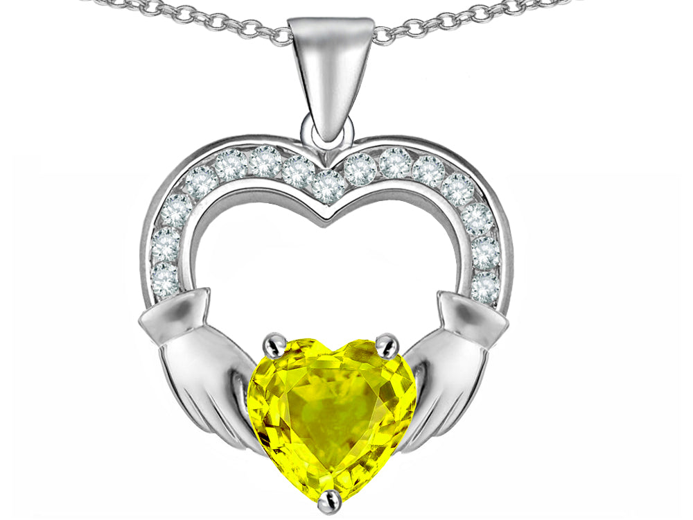 Star K™ Hands Holding 8mm Heart Claddagh Pendant Necklace With Simulated Yellow Sapphire