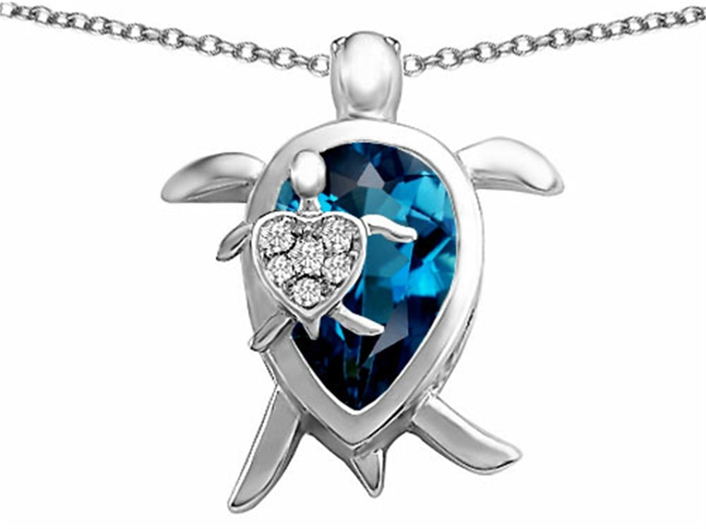 Star K™ Large Mother and Baby Lucky Turtle family Pendant Necklace with 12x8mm Pear Shape Simulated Blue Topaz