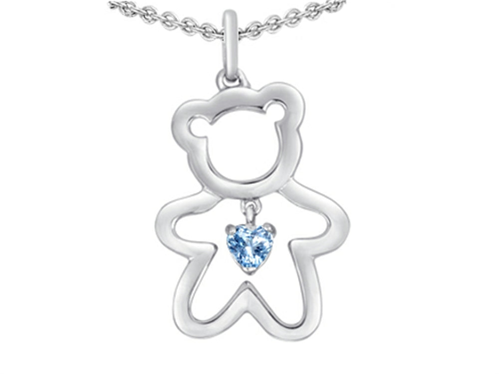 Star K™ Love Teddy Bear with 4mm Heart Shape Simulated Aquamarine Pendant Necklace