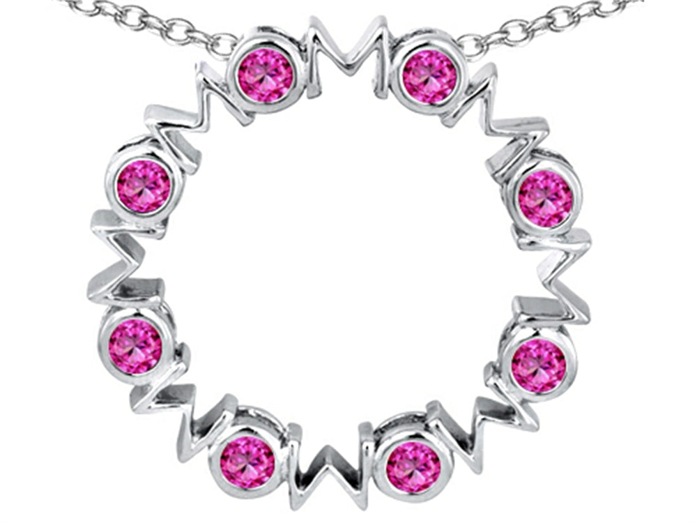 Star K™ Large MOM Circle Mother's Pendant Necklace with Round Created Pink Sapphire