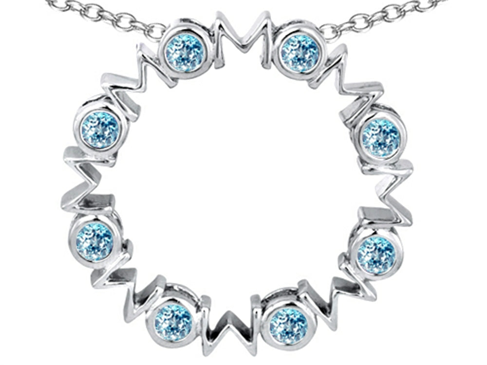 Star K™ Large MOM Circle Mother's pendant with Round Simulated Aquamarine