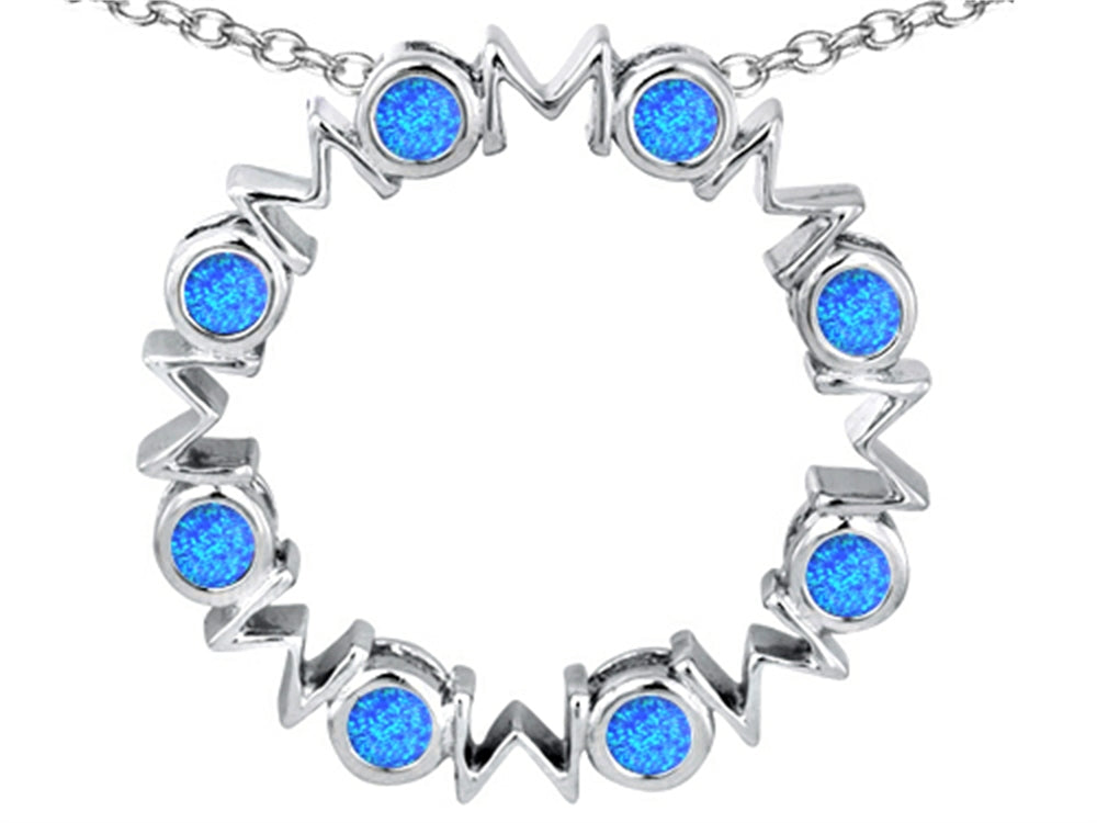 Star K™ Large MOM Circle Mother's Pendant Necklace with Round Blue Created Opal