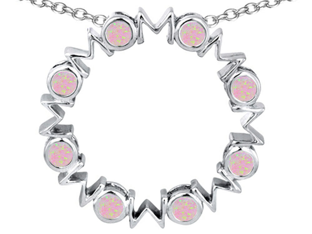 Star K™ Large MOM Circle Mother's Pendant Necklace with Round Pink Created Opal