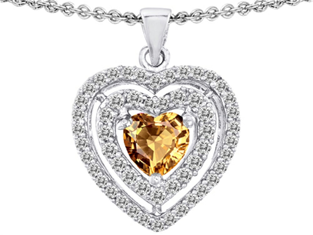 Star K™ 6mm Heart Shape Simulated Imperial Yellow Topaz Heart Double Halo Pendant Necklace