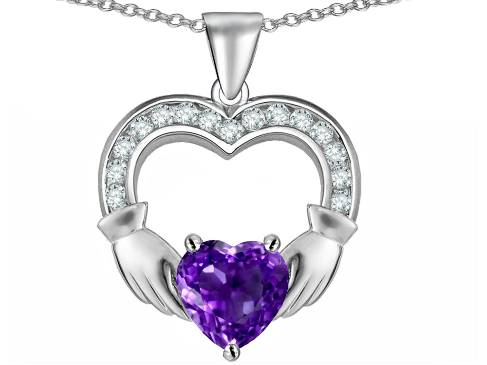 Star K™ Hands Holding 8mm Heart Claddagh Pendant Necklace With Simulated Amethyst