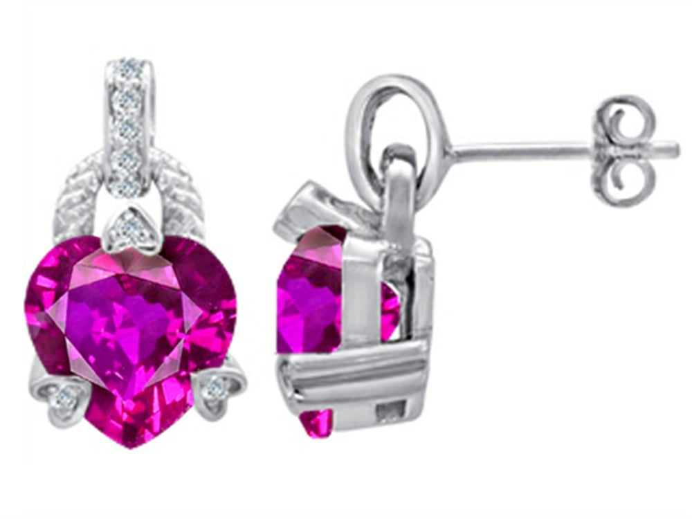 Star K™ Heart Shape Created Pink Sapphire Designer Hanging Drop Earrings
