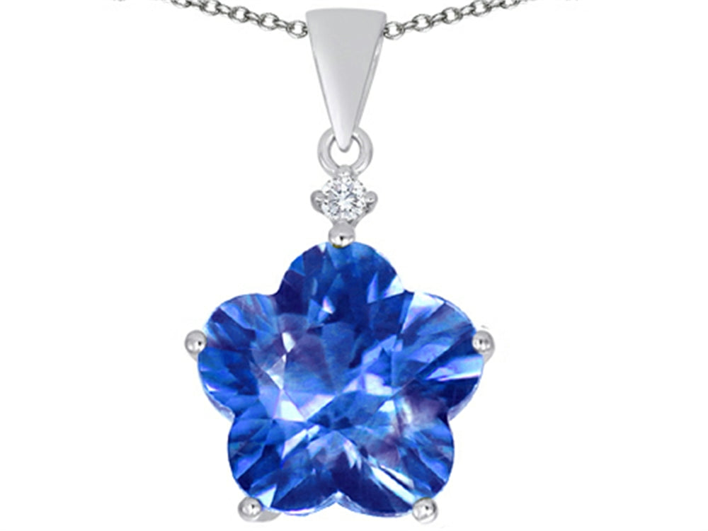 Star K™ Large 14mm Flower Shape Star Pendant Necklace with Simulated Blue Topaz