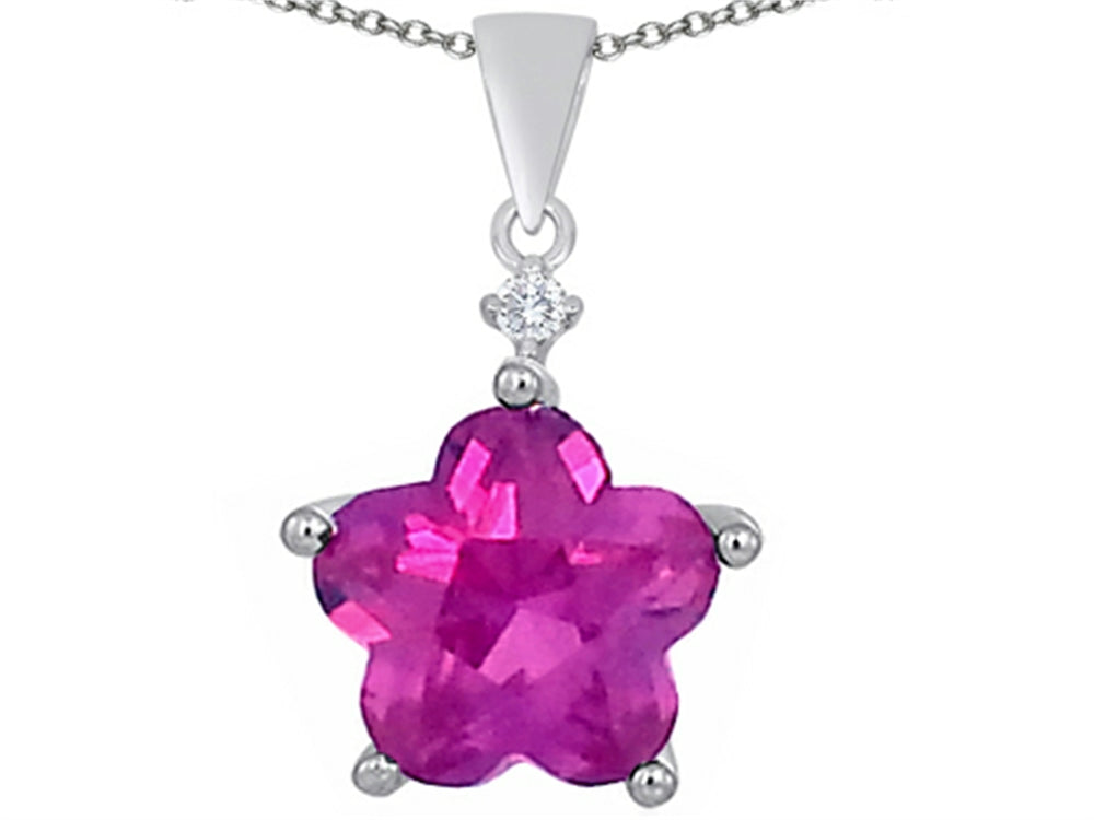 Star K™ Large 14mm Flower Shape Star Pendant Necklace with Created Pink Sapphire