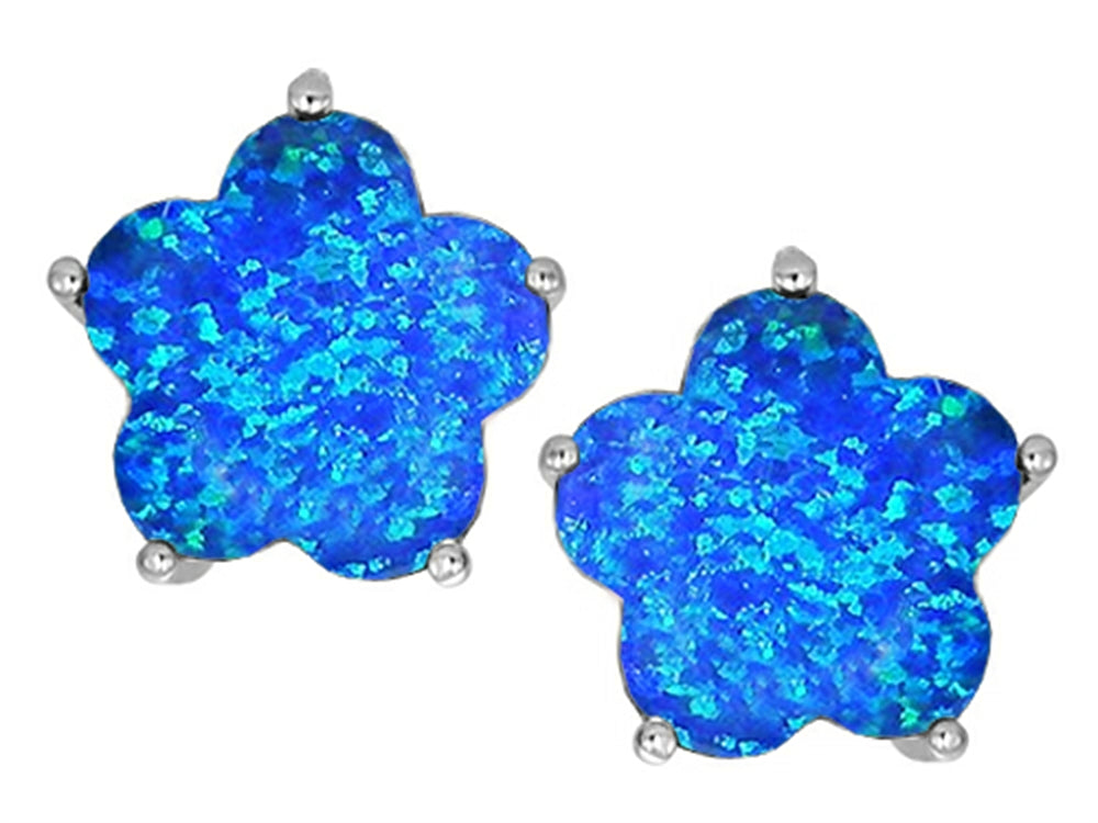 Star K™ Fancy Flower Shape Star Earrings Studs with Blue Created Opal