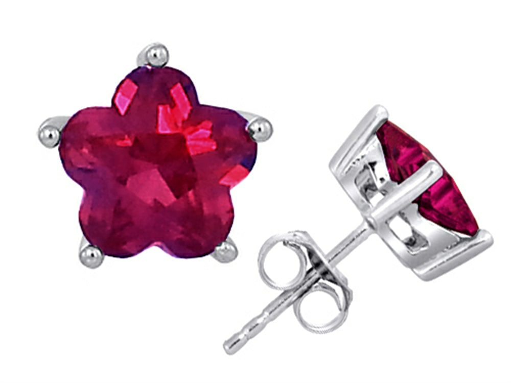 Star K™ Fancy Flower Shape Star Earrings Studs with Created Ruby