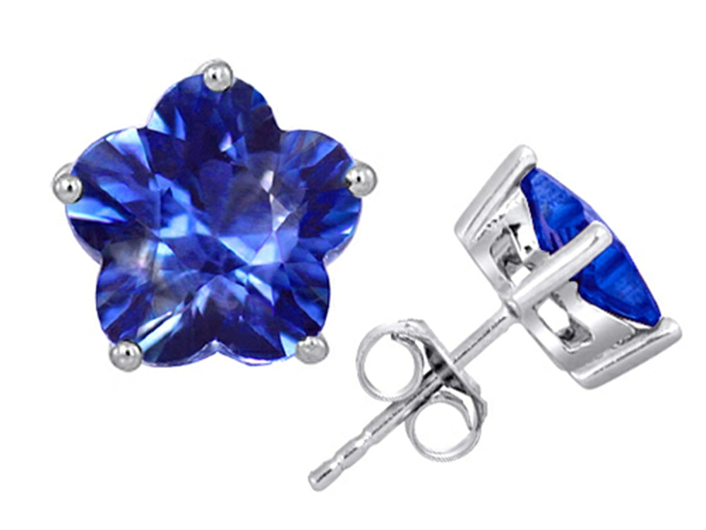 Star K™ Fancy Flower Shape Star Earrings Studs with Simulated Sapphire