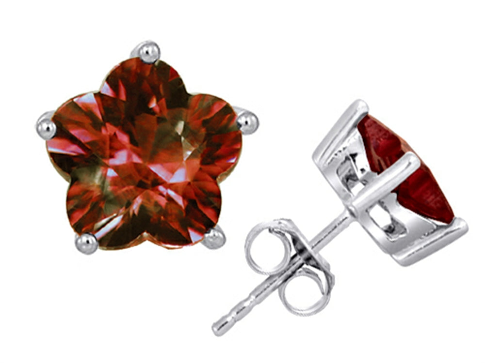 Star K™ Fancy Flower Shape Star Earrings Studs with Simulated Garnet
