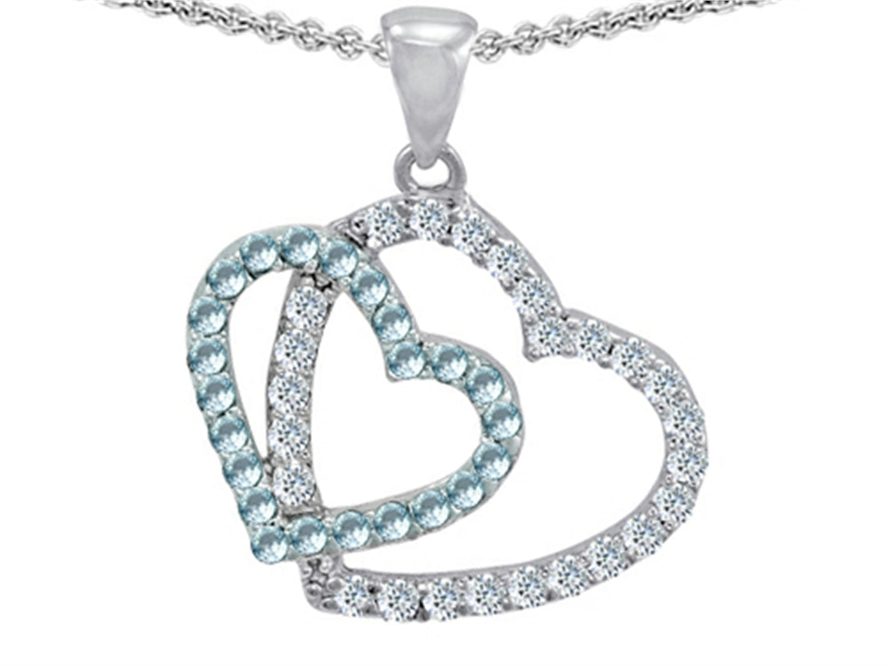Star K™ Double Heart Love Pendant Necklace with Round Simulated Blue Topaz
