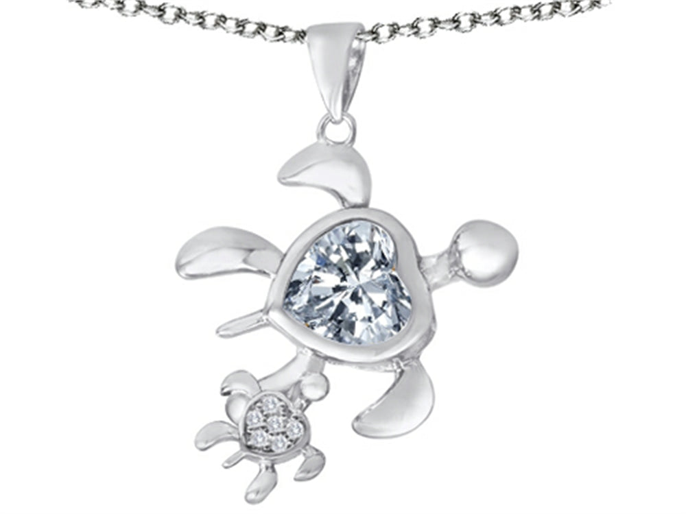 Star K™ Good Luck Mother and Child Turtle Pendant Necklace with Heart Shape Simulated White Topaz