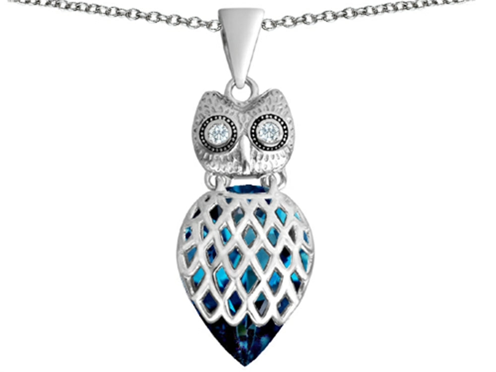 Star K™ Good Luck Owl Pendant Necklace with Pear Shape Simulated Blue Topaz