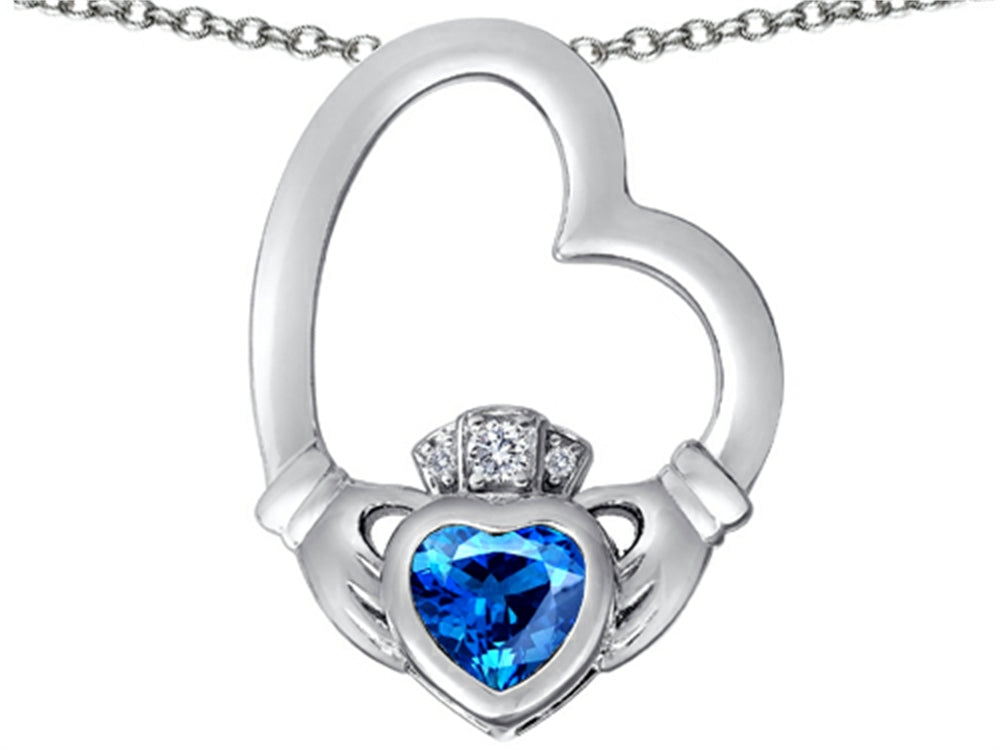 Star K™ Floating Heart Irish Claddagh Pendant Necklace with Heart Shape Simulated Blue Topaz