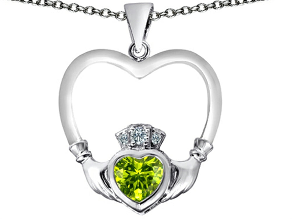 Star K™ Celtic Claddagh Heart Pendant Necklace with Heart Shape Simulated Peridot and Cubic Zirconia