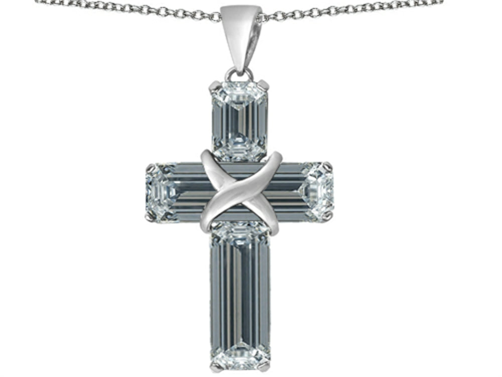Star K™ Large Christian Cross Pendant Necklace with Emerald Cut Simulated White Topaz Stones
