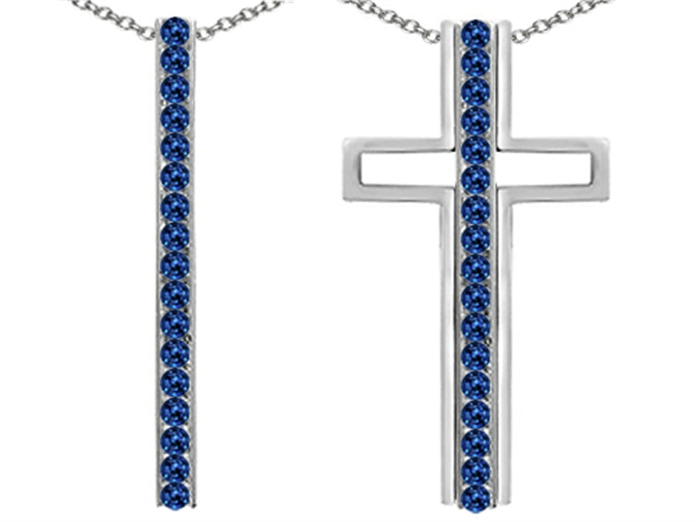 Star K ™ 2 in 1 Straight Path Cross Pendant Necklace wtih Round Created Sapphire