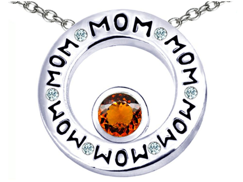 Star K™ MOM Circle Mothers Pendant Necklace with Round 7mm Simulated Garnet
