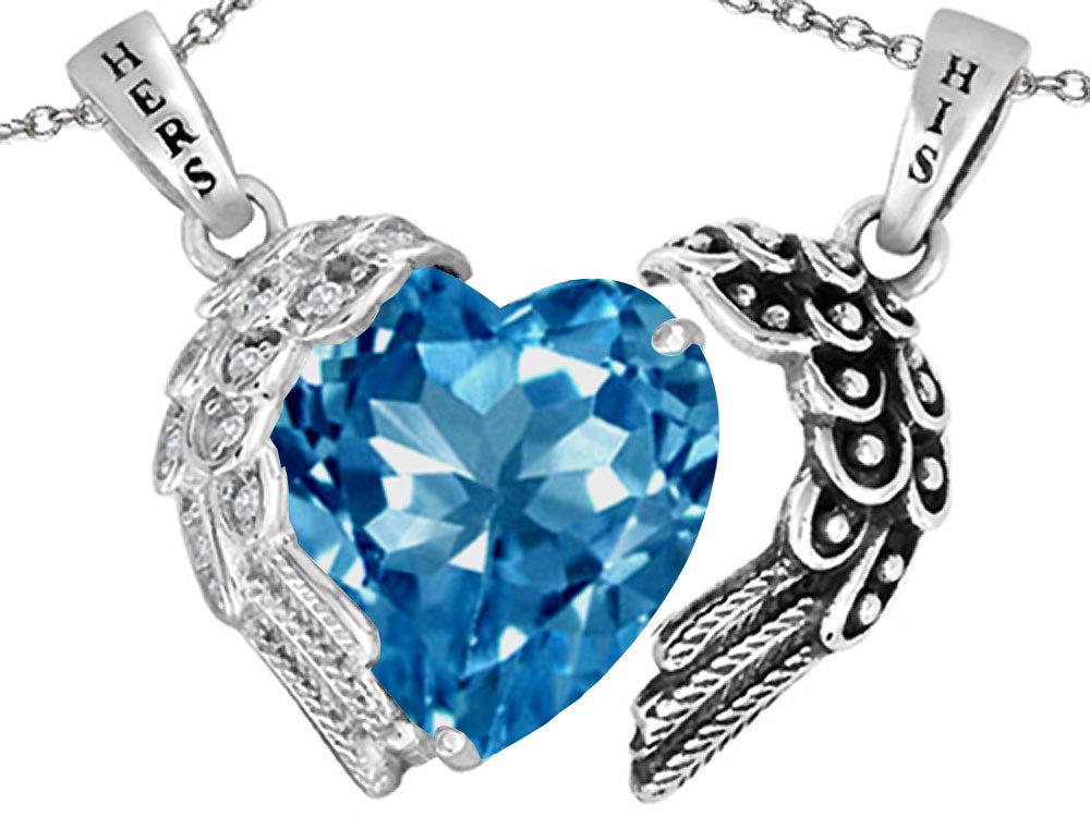 Star K™ His and Hers winged Love Couple 2pcs Pendant Necklace set with Heart Shape 11mm Simulated Blue Topaz
