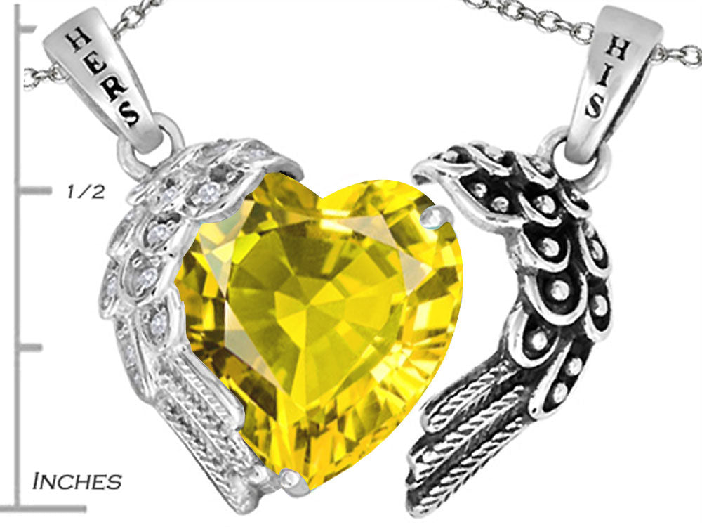 Star K™ His and Hers winged Love Couple 2pcs Pendant Necklace set with Heart Shape 11mm Simulated Citrine