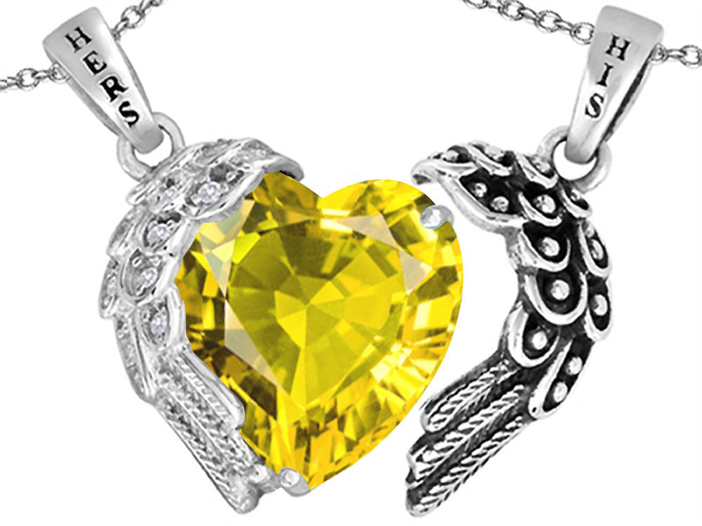 Star K™ His and Hers winged Love Couple 2pcs Pendant Necklace set with Heart Shape 11mm Simulated Citrine
