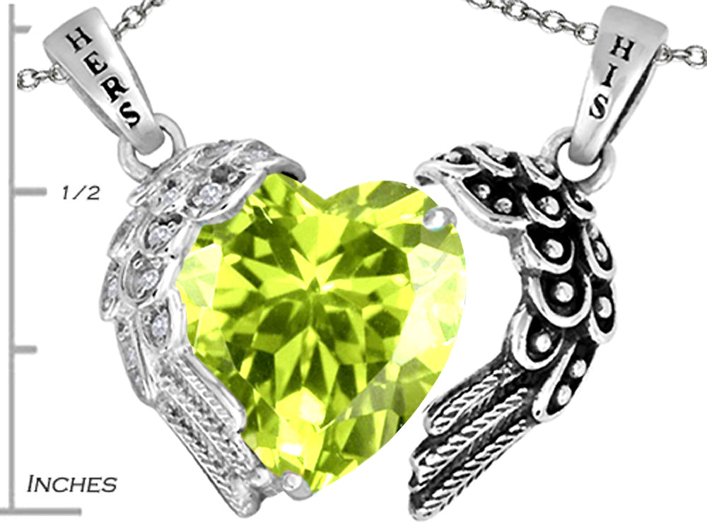 Star K™ His and Hers winged Love Couple 2pcs Pendant Necklace set with Heart Shape 11mm Simulated Peridot and C