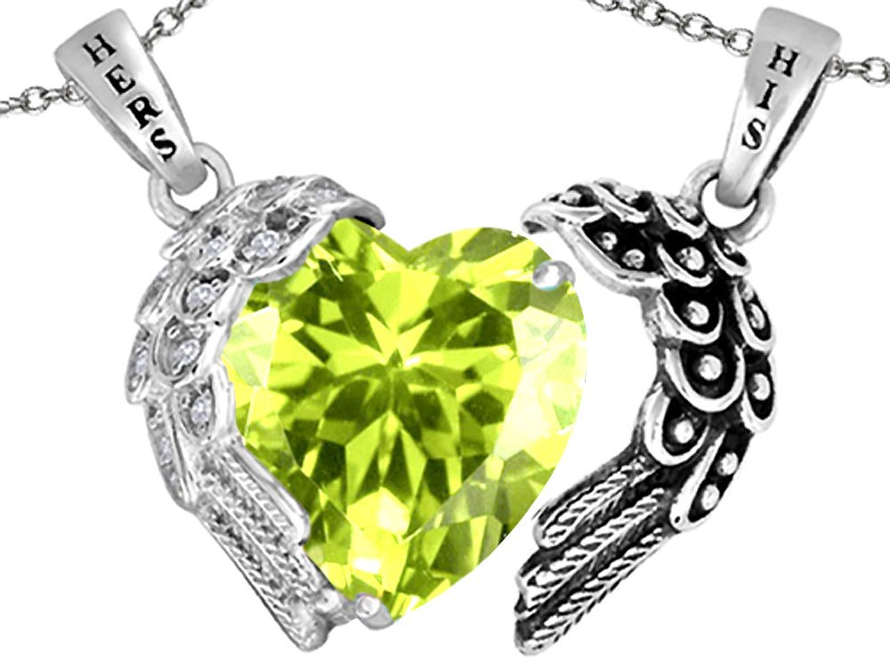 Star K™ His and Hers winged Love Couple 2pcs Pendant Necklace set with Heart Shape 11mm Simulated Peridot and C