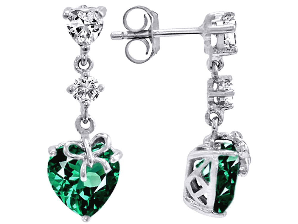 Star K™ Heart Shape Simulated Emerald Ribbon Heart Dangling Earrings Studs