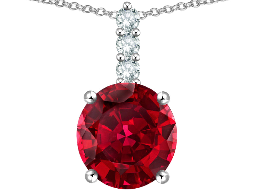 Star K ™ 7mm Round Created Ruby Three Stone Pendant Necklace