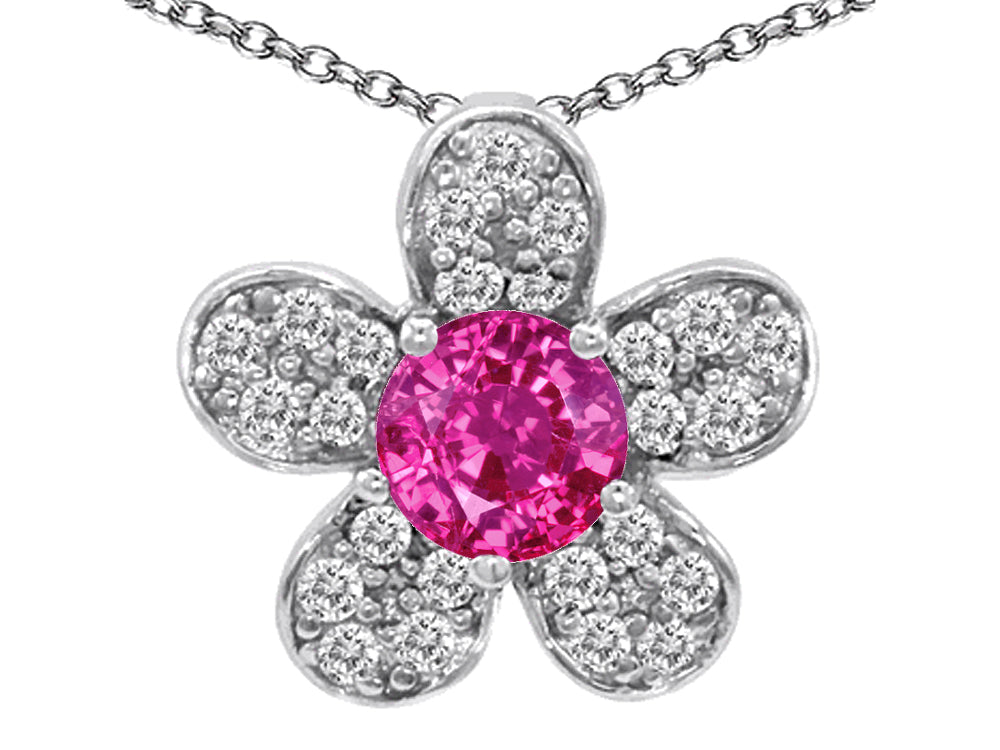 Star K™ Round Created Pink Sapphire Flower Pendant Necklace