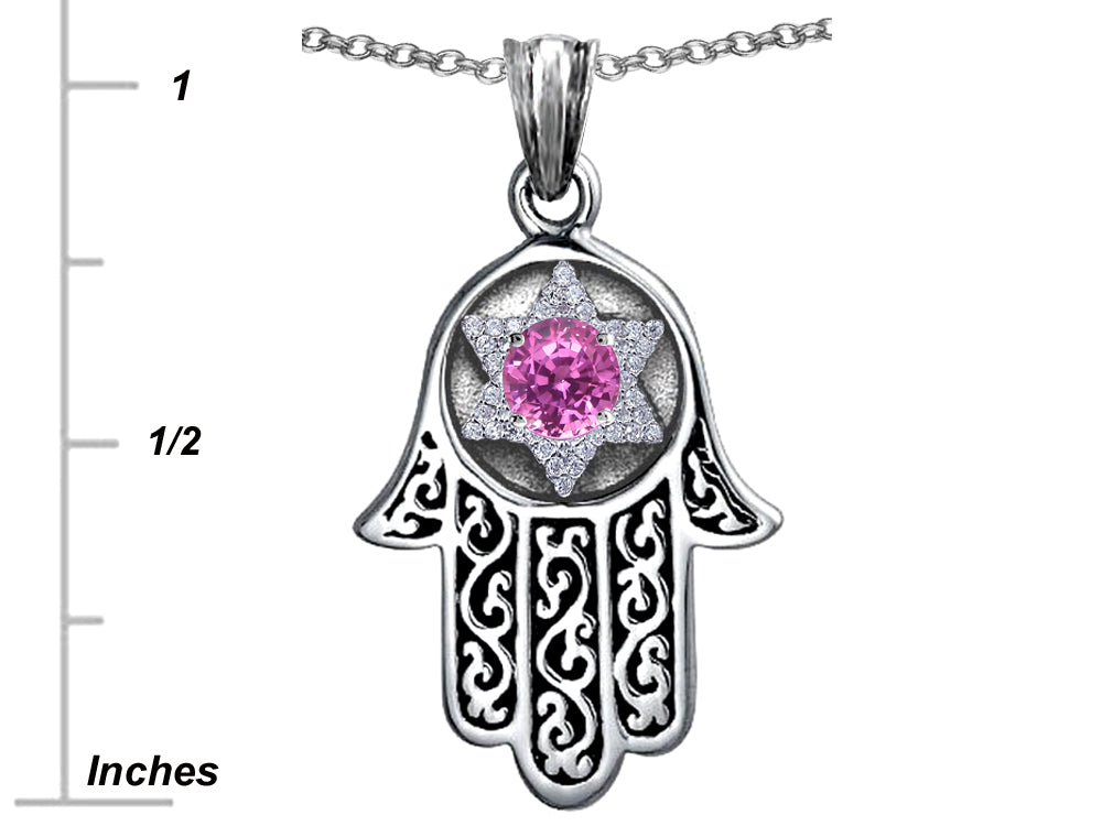 Star K™ Hamsa Evil Eye Protection Pendant Necklace Round Created Pink Sapphire