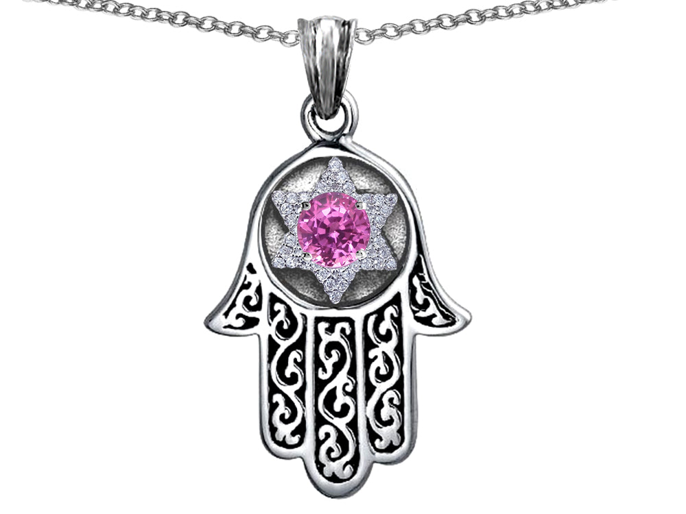 Star K™ Hamsa Evil Eye Protection Pendant Necklace Round Created Pink Sapphire