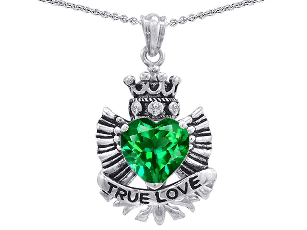 Star K™ True Love Simulated Emerald Heart Crown Angel Wings Pendant Necklace