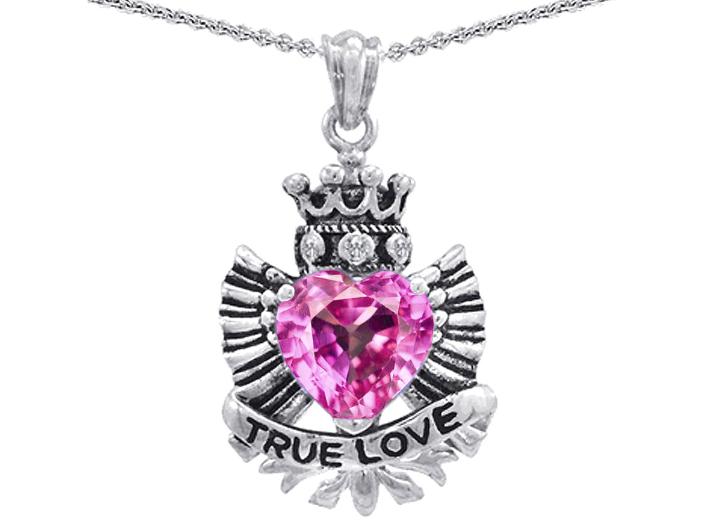 Star K™ True Love Created Pink Sapphire Heart Crown Angel Wings Pendant Necklace