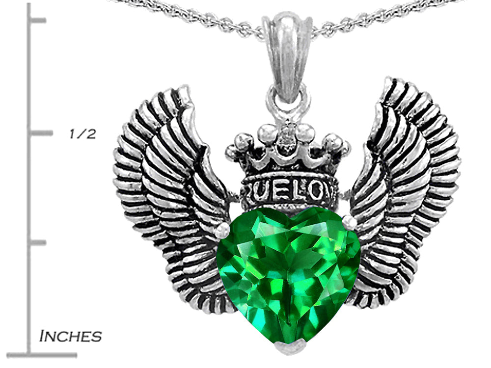 Star K™True Love Heart Shape Simulated Emerald Crown Wings Pendant Necklace