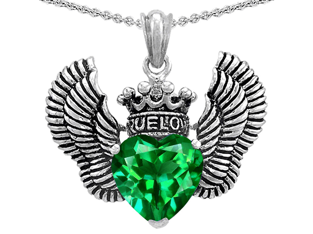 Star K™True Love Heart Shape Simulated Emerald Crown Wings Pendant Necklace