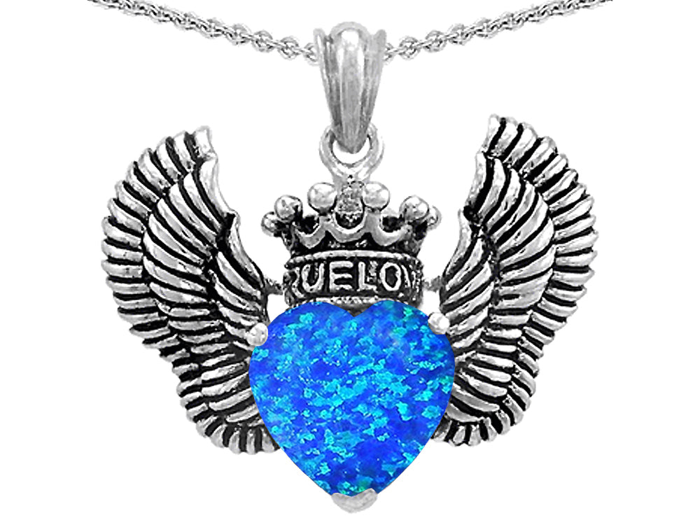 Star K™True Love Heart Shape Blue Created Opal Crown Wings Pendant Necklace