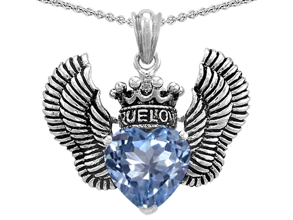 Star K™True Love Heart Shape Simulated Aquamarine Crown Wings Pendant Necklace