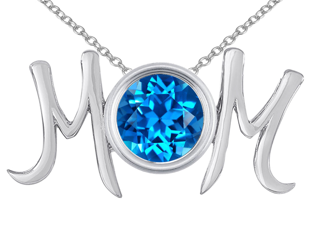 Star K™ Round Simulated Blue Topaz MOM Mother's Pendant Necklace